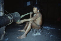 Visiting Maku nomadic hunter pounding coca leaves to very fine powder  pours powder into a gourd  mixes with yarumo ash and puts into mouth. Maku nomadic hunter Indian North Western Amazonia Vaupes