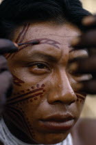 Barasana man applying red ochote facial paint. Tukano sedentary Indian tribe North Western Amazonia body decoration American Colombian Columbia Hispanic Indegent Latin America Latino Male Men Guy Sou...