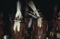 Rear view of two Barasana shamans wearing royal crane macaw and toucan head-dresses with monkey fur belts chanting to chief shaman Cristo in background  between traditional dances.Tucano sedentary In...