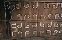 Detail of Barasana painted design including spirit guard figure  on front of maloca/communal home.Tukano sedentary tribe Indian North Western Amazonia maloca American Colombian Columbia Hispanic Inde...