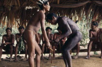 Pair of Maku men taking part in dance watched by others seated behind beneath palm thatched shelter.  Many with painted bodies and wearing macaw feather crowns.indigenous tribe indian nomadic America...