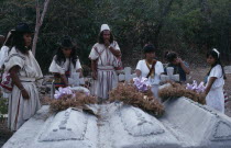 Sons and daughters of three Ika leaders murdered by paramilitaries linked to the Colombian army  beside the graves of their fathers.Arhuaco Aruaco indigenous tribe mourning funeral death American Col...