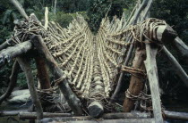 Ika bridge made from timbers lashed together with vines  v-shaped to allow loaded mules and oxen to cross.Arhuaco Aruaco indigenous tribe American Colombian Colombia Hispanic C39Indegent Latin Americ...