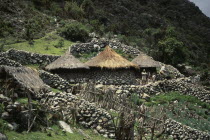 Ika family settlement in high Sierra  with three circular conical thatched huts and stone wall terraces set into hillside. Ika father and children standing outside central hut.Arhuaco Aruaco indigeno...