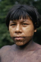 Portrait of young Embera man named Rio Verde on rio Condoto  with lower face and body painted with black dye extracted from the inedible Jagua fruit  used as decoration for tribal rituals and festival...