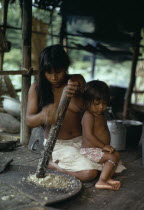 Embera woman grating Jagua fruit using palm-spine grater  on split bamboo floor of stilted riverside home  young daughter sitting on her lap.  The resulting pulp from the hard inedible fruit is then m...