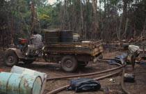 Small scale machinery and workers in garimpo  gold mine on former Panara territory showing deforestation.Garimpeiro prospectors in the informal sector have displaced Panara Indians formerly known as K...