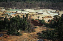 Garimpo  small scale gold mining  on former Panara territory showing deforestation and pollution.Garimpeiro prospectors in informal economy have displaced tribal Panara Indians formerly known as Kree...