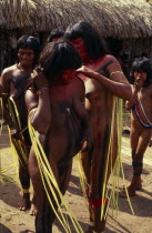 Young Panara women applying red and black body paint in preparation for dance.  Both wearing long strips of plant fibres tied around and hanging from upper arms.  Older woman and young girl part seen...