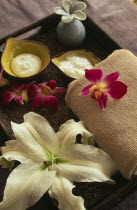 Bodhi Therapeutic Retreat.  Tray with creams and lotions  folded towel and lilly and orchid blossom.