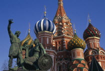 St Basil s Cathedral.  Detail of onion dome spires and statue.