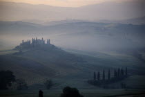 View over The Belvedere in early morning mist