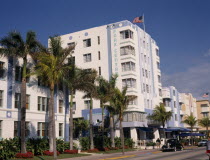 South Beach. Ocean Drive. Park Central Hotel exterior lined with palm trees