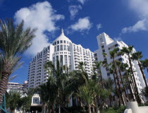 South Beach. Loews Hotel exterior with palm trees and blue sky