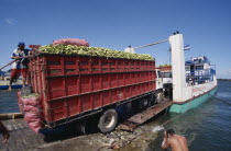 A lorry loaded with bananas boarding a ferry on Lake Nigarugua
