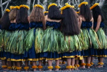 Group of dancers stand in circle with bowed heads beside the crater to give thanks to the goddess Pele after winning the annual contest for the ancient hula.  Whilst there is renewed interest in the h...
