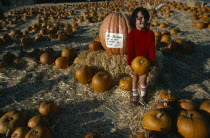 Child holding pumpkin standing amongst vast array of harvested fruit spread out over straw covered ground with sign on large pumkin behind reading No Touching And Do Not Attempt to Pick Up.