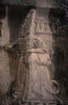 Ancient Hittite capital.  Detail of carved temple guardian at the Byk Mabet or Great Temple dedicated to worship of the storm god Teshub and sun goddess Hebut.