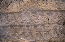 Hattusas.  Ancient site of Hittite capital.  Stone relief carving in the Great Temple dedicated to the storm god Teshub and the sun goddess Hebut.