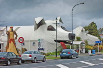 TIRAU  A CORRUGATED IRON SHEPERD LEFT AT THE ENTRANCE TO TIRAU CO-OPERATING CHURCH NEXT TO A SHEEPDOG CENTRE WHICH IS THE TOWNS TOURIST INFORMNATION CENTRE AND WOOL SHOP IN THE SHAPE OF A SHEEP RIGHT...