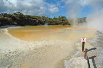 THE CHAMPAGNE POOL OF WAI O TAPU THERMAL WONDERLAND.THE SPRING IS 65 METRES IN DIAMETER AND 62 METRES DEEP.THE POOL WAS FORMED 700 YEARS AGO BY A HYDROTHERMAL ERUPTION.VARIOUS MINERALS ARE DEPOSITED A...