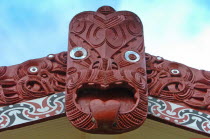 CENTRAL CARVING OF A MAORI MEETING HOUSE OR WHARENUI WHERE THE TRIBE MET AT TE PUIA MAORI ARTS AND CRAFTS INSTITUTE  ROTORUA.Antipodean Oceania