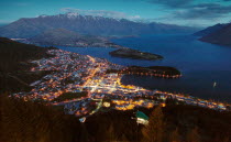 QUEENSTOWN  VIEW OF QUEENSTOWN AT DUSK WITH LAKE WAKATIPU AND REMARKABLES MOUNTAIN RANGE IN THE DISTANCE FROM THE SKYLINE RESTAURANT CAFE AND GONDOLA COMPLEX ON BEN LOMOND ABOVE QUEENSTOWN.Antipodean...