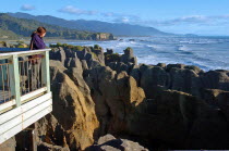 GEOLOGICAL FEATURED ROCKS CALLED THE PANCAKE ROCKS BLOWHOLES AT DOLOMITE POINT  PUNAKAIKI ON THE SOUTH ISLAND WEST COAST.THE ROCK HAS SPLIT INTO HORIZONTAL LAYERS TO RESEMBLE A TOWER OF PANCAKES.Anti...