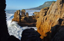 GEOLOGICAL FEATURED ROCKS CALLED THE PANCAKE ROCKS AT DOLOMITE POINT  PUNAKAIKI ON THE SOUTH ISLAND WEST COAST.Antipodean Oceania