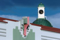 NAPIER  ART DECO STYLE FACADE OF THE MASONIC HOTEL ON MARINE PARADE WITH THE DOOM AND CLOCK TOWER OF THE A&B BUILDING BEHIND. IN 1931 NAPIER WAS ALMOST COMPLETELY DESTOYED BY AN EARTHQUAKE. SUNSEQUENT...