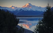 MOUNT COOK NATIONAL PARK  VIEW OF NEW ZEALANDS HIGHEST MOUNTAIN MOUNT COOK  SUNLITE CENTRE  AND MOUNT HICKS  LEFT  WITH EVENING SUN ON THEIR WEST FACES WITH LAKE PUKAKI BELOW TAKEN FROM ROUTE 80 MOUNT...