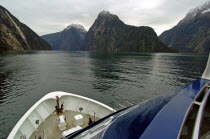 SOUTHLAND  REAL JOURNEYS CRUISE BOAT THE MILFORD MARINER TRAVELS ALONG MILFORD SOUND IN NEW ZEALANDS FJORDLAND AREA.Antipodean Oceania Scenic
