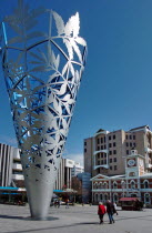 CANTERBURY  INVERTED CONE MILLENNIUM SCULPTURE IN CATHEDRAL SQUARE.Antipodean Oceania