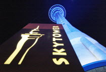 VIEW OF AUCKLANDS SKY TOWER TAKEN AT NIGHT FROM THE STRUCTURES BASE.IT IS THE TALLEST STRUCTURE IN NEW ZEALAND AT 328 METRES HIGH.Antipodean Oceania Blue Nite