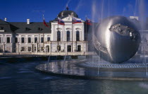 Presidential Palace  part view of exterior facade with circular  modern  Peace  fountain in the foreground.