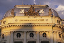 Slovenske Narodne Divadlo  the Slovak National Theatre.  Detail of facade with statues and carvings in Neo-Classical style  built 1885-1886.