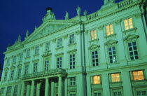 Angled view of exterior facade of the Primacialny or Primate s Palace at night. Neo-classical palace in the Old Town built 1778-1781 for Archbishop Jozsef Batthyany.