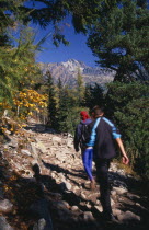 Trekkers on the Magistrala trail near Popradske Pleso.  Rocky path lined by trees in Autumn colours with mountain peaks beyond.