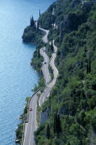 Italy, Lombardy, Lake Garda Area, Aerial view over Gardesana Occidentale road beside Lake Garda near Limone.