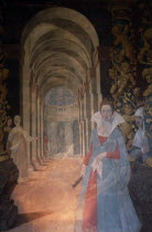 Hellbrunn Palace dating from early 17th c.  Music room interior  detail of trompe l oeil wall painting creating illusion of vaulted hallway with female figures.