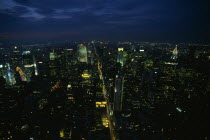 View over Mid Manhattan and the Chrysler building illuminated at night