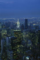 View over Mid Manhattan and the Chrysler building illuminated at night