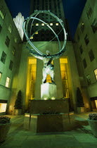 Rockerfella Centre with Lee Lawries Atlas illuminated at night