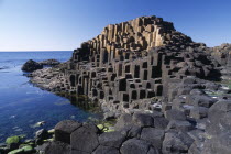 Interlocking basalt stone columns left by volcanic eruptions. View across the main and most  visited section of the causeway with the coastline seen behind.