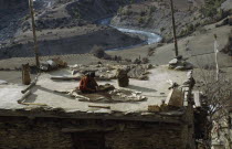 Woman spreading grain out to dry on roof of rural building.