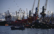 Fishing boats and trawlers in port on the Black Sea coast.