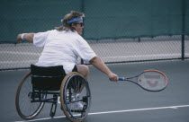 Competitor on court at the British Open Wheelchair Tennis Championships 1993  Nottingham.