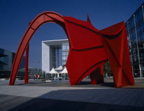 La Dfense.  La Grande Arche framed by red modern sculpture. Defence European French Western Europe
