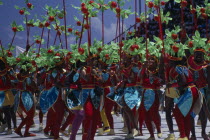 Kadooment Day or Crop Over  the sugar cane harvest festival held in August.  Dancers in colourful costume. Barbadian Colorful West Indies