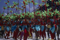 Kadooment Day or Crop Over  the sugar cane harvest festival held in August.  Dancers in colourful costume. Barbadian Colorful West Indies